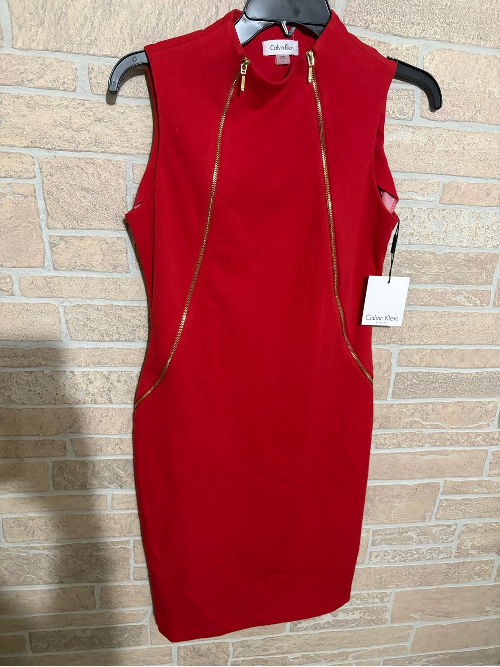 Calvin Klein Red Sleeveless Sheath Dress with Gold Zippers